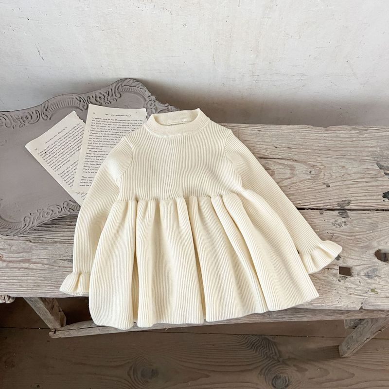 Kleinkind Mädchen Kleidung Baby Baumwolle Trompete Manschetten Wollkleid Säugling Frühling und Herbst Pullover Kleid_voghion.com