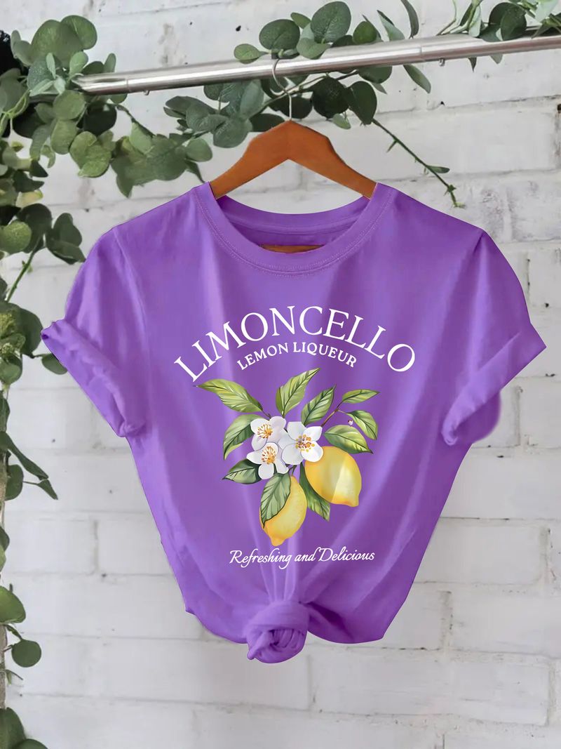 Damenbekleidung T-Shirt aus reiner Baumwolle, Sommer, kurzärmelig, Rundhalsausschnitt, Zitronenmuster, bedruckt, T-Shirt, weiblich_voghion.com