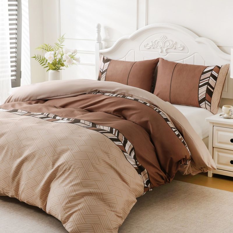 Brown Tribal Striped Duvet Cover Set - 3-Piece Boho Bedding (Wave Texture Rustic Style King/Queen Size Soft & Breathable Cotton)_voghion.com