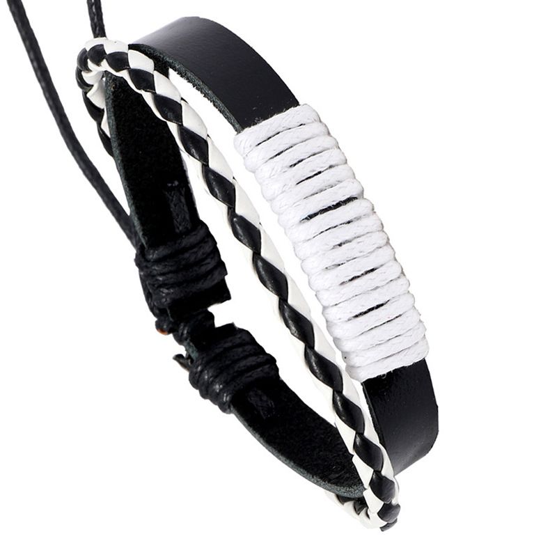Bracciale da uomo in pelle PU elasticizzata intrecciata a doppio strato, in bianco e nero, alla moda_voghion.com