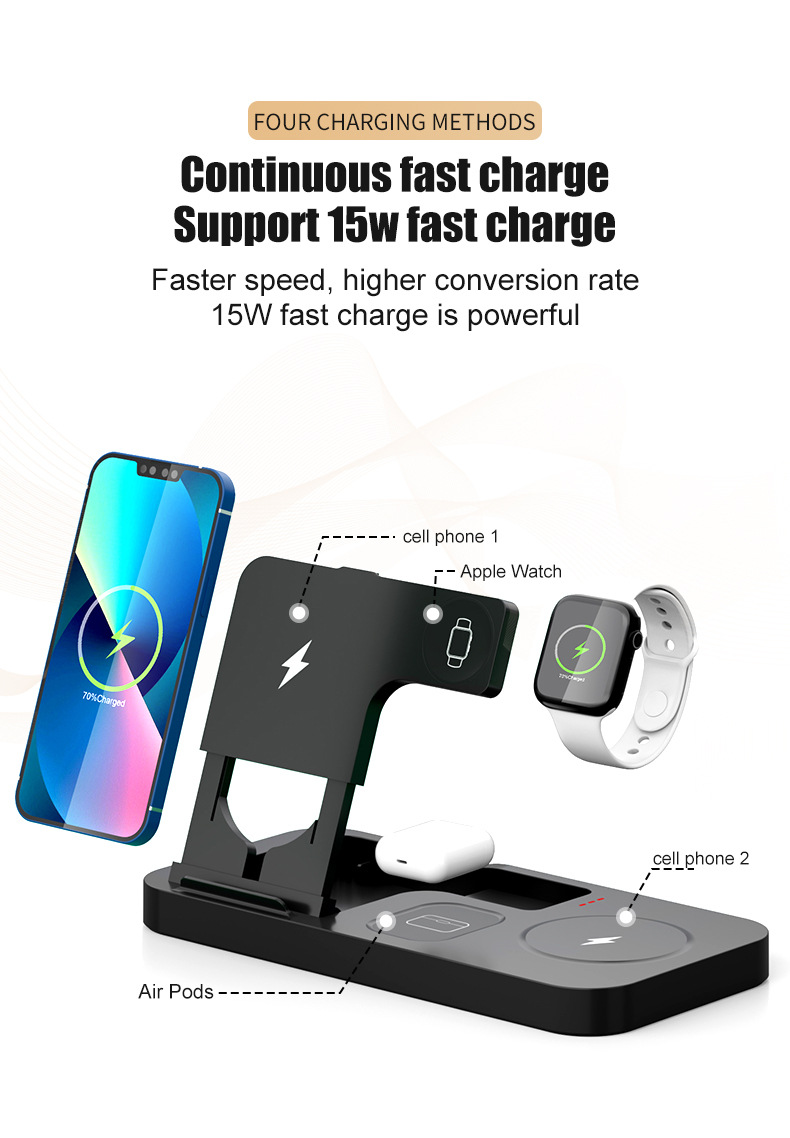 Vezeték nélküli töltő 4 az 1-ben iPhone 12 Pro Max 14 Plus 13 11 Samsung Xiaomi Oneplus Dual 15W összecsukható gyorstöltő állomás_voghion.com