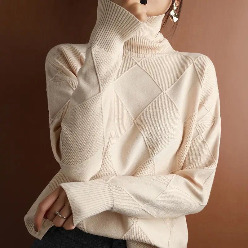 Maglione pullover da donna autunno e inverno nuovo, spesso, caldo, alla moda, lavorato a maglia, in lana, con collo alto DF4845_voghion.com