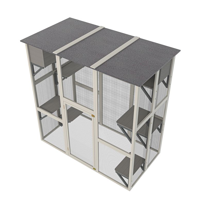 Gray Wooden Outdoor Catio Cat Enclosure With Weatherproof Asphalt Roof, Large Walk-in Cat House With 6 Platforms & 2 Napping Boxes, Solid Wood Cat Cage Kennel Condo Playpen For Patio_voghion.com