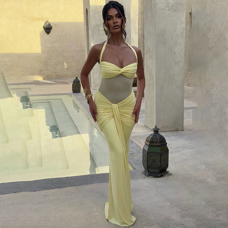 Elegante abito da sera con scollo all'americana, in rete e nastro – Abito lungo sexy con pannelli trasparenti per feste e occasioni speciali_voghion.com