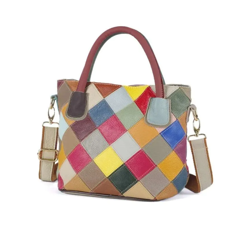 Designer 2025 Multi-Color Plaid Random Contrast Color Genuine Leather Cowhide Casual Handbag One Shoulder Crossbody_voghion.com