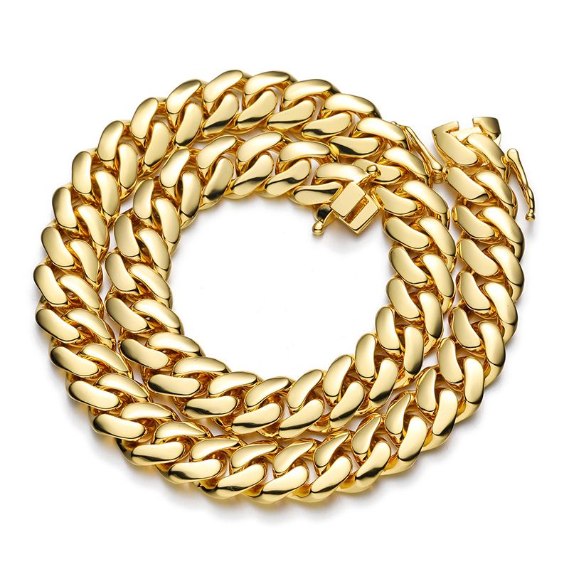 Men's Jewelry 10/12/14/16/18/20/22mm Width Smooth Large Cuban Chain Copper Plated Real Gold Butterfly Buckle Necklace_voghion.com