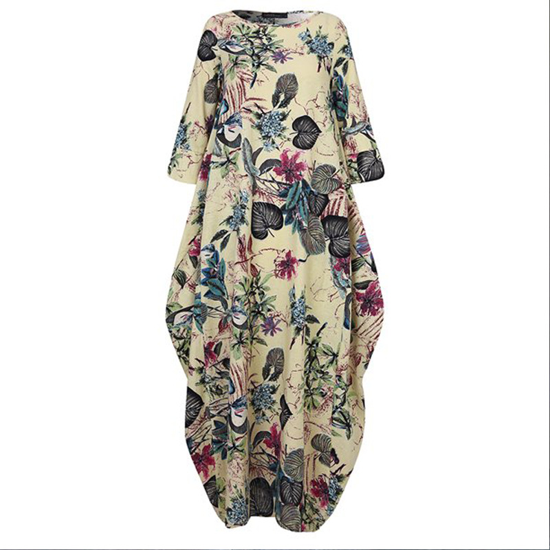 Robe décontractée en coton et lin pour femmes, grande taille, imprimé, style national, rétro, pull ample, col rond_voghion.com