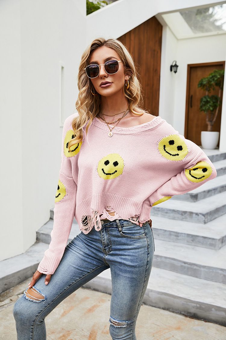 Pull doux transfrontalier pour femmes, joli pull avec visage souriant, nouveau pull ample à manches longues et col en v_voghion.com
