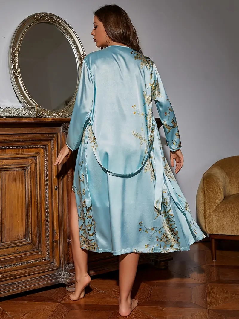 Lussuoso pigiama da donna in 2 pezzi con stampa di piante e uccelli Pigiama e vestaglia - Perfetto per indumenti da notte rilassanti!_voghion.com