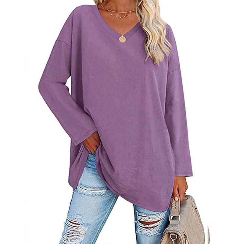 Camiseta extra grande, nova, solta, ombro caído, decote em V, cor sólida, top feminino, manga comprida_voghion.com