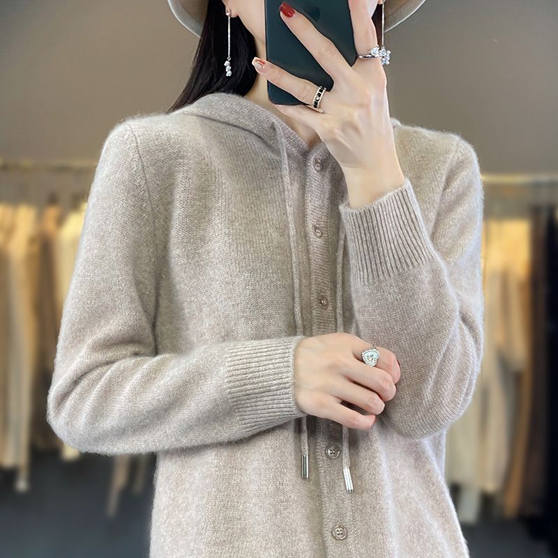 Cardigan lavorato a maglia con cappuccio, nuovo colore solido autunnale per donna, maglione corto e largo, felpa con cappuccio_voghion.com