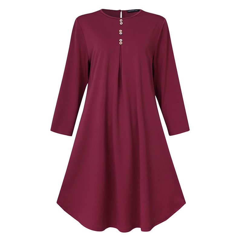 Vêtements pour femmes, couleur unie, couture de boutons, robe décontractée à manches longues, à la mode, en stock_voghion.com