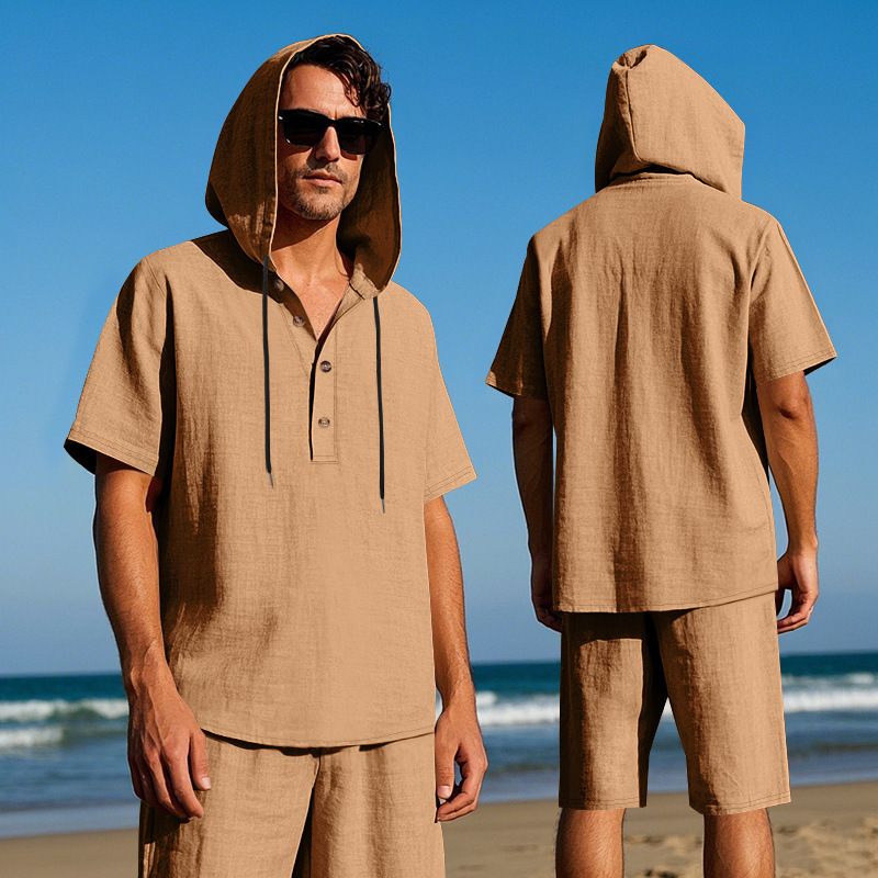 Completo da uomo in lino con camicia e pantaloncini - Completo casual estivo da spiaggia a maniche corte con vestibilità ampia_voghion.com