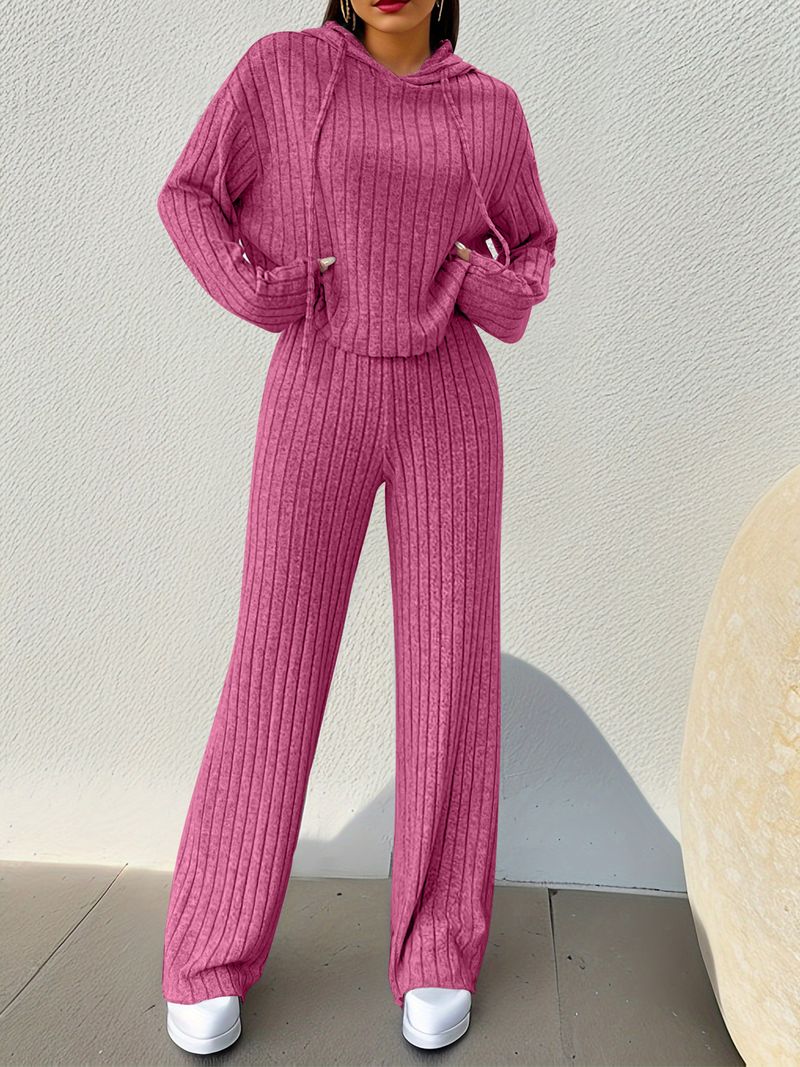Damenbekleidung Neuer gestrickter Langarmanzug für Damen mit Kapuzenpullover und lockerer Hose Street Style Home Zweiteiliger Anzug_voghion.com
