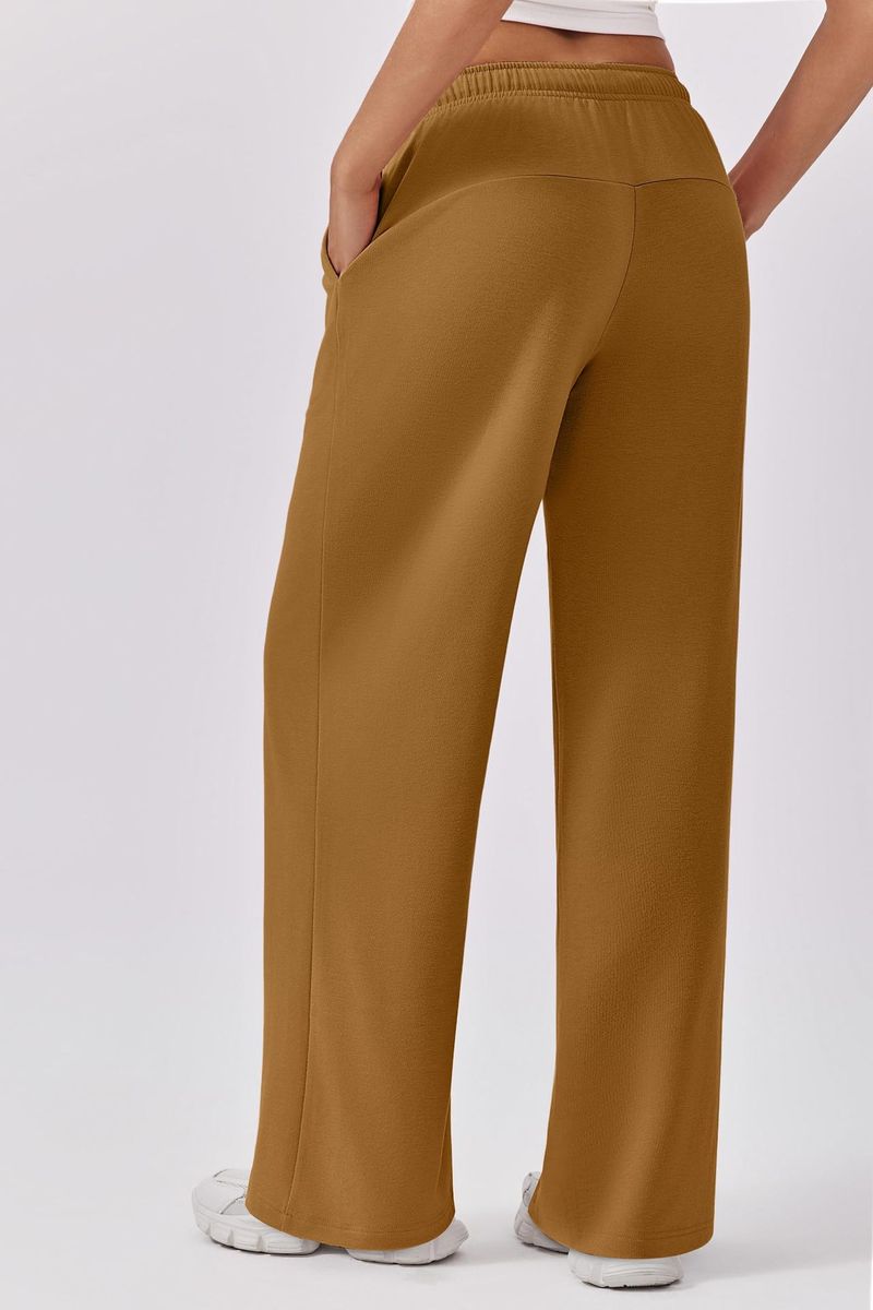 Nuovi pantaloni elastici in vita con tasche laterali, pantaloni della tuta larghi in pile spesso, taglio dritto, tinta unita, pantaloni lunghi da donna_voghion.com