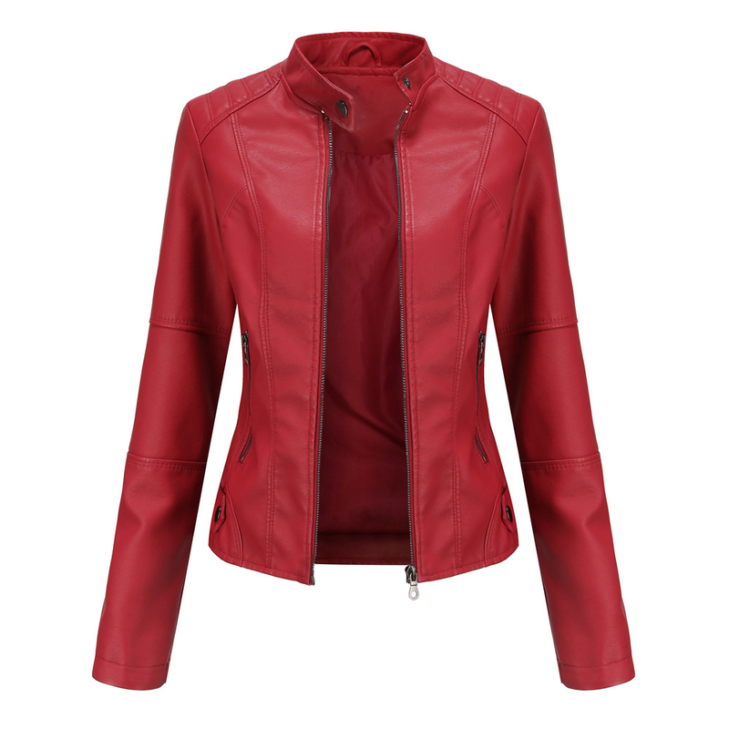 European Women's Slim Fit Thin Spring Autumn Coat Ladies Motorcycle Plus Size Stand Collar Leather Jacket_voghion.com