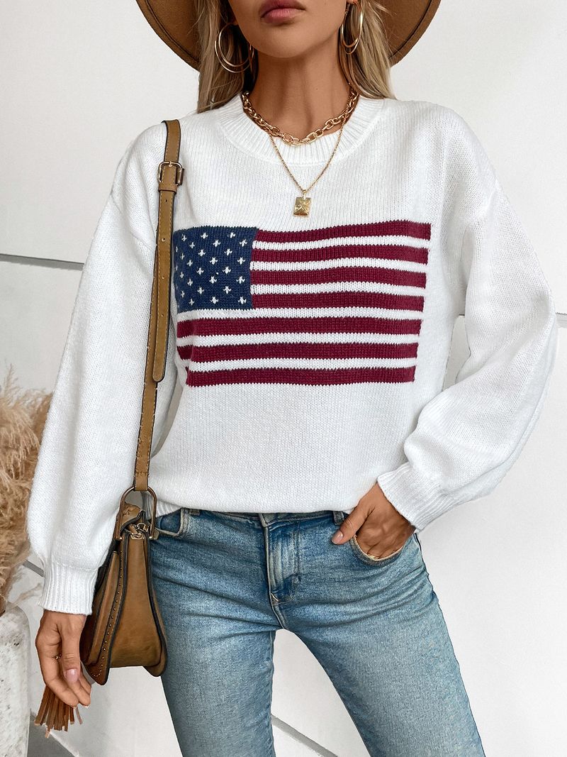 Damen-Strickpullover mit amerikanischem Flaggen-Print – gemütlicher Herbst- und Winterpullover, lässige, lockere Passform, lange Ärmel, Rundhalsausschnitt, Polyestermischung_voghion.com