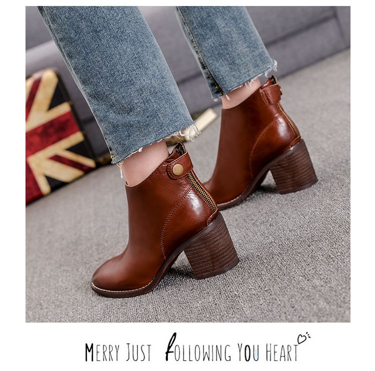 Retro Brown Spring And Autumn Chunky Heel Calf Skin Women's Boots_voghion.com