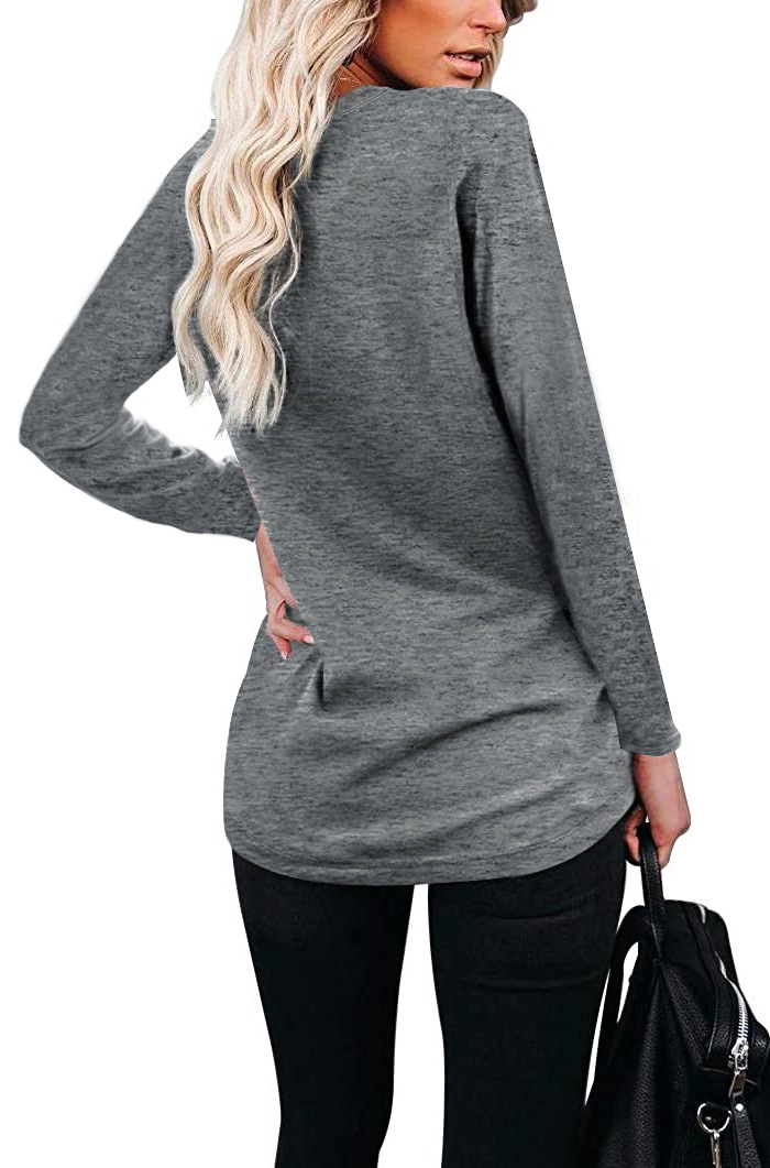 Women's T-shirt Round Neck Stripe Pocket Long Sleeve Casual Loose Tops_voghion.com