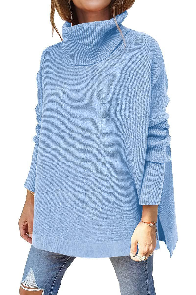 Dametrøje med høj hals, oversized pasform, mellemlang pullover med flagermusærmer, slidskant og bælte_voghion.com