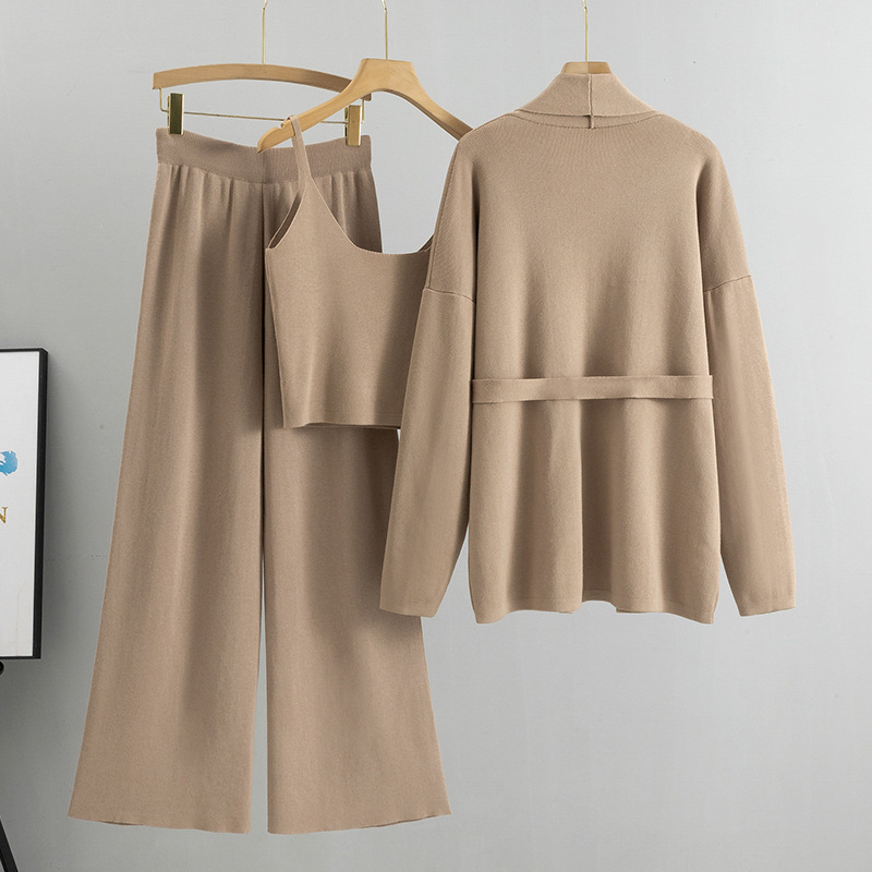 Damesmode gebreid vest, halter, broek met wijde pijpen, driedelige set_voghion.com