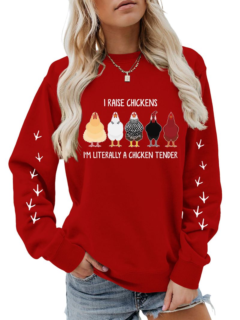 Felpa con stampa scozzese a maniche lunghe e girocollo, divertente e divertente, con scritta "I Raise Chickens" in autunno e inverno_voghion.com
