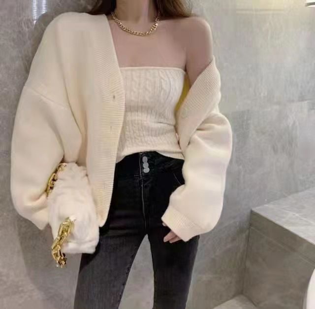 Puro desiderio pigro petto avvolto maglione cardigan donna 2024 autunno e inverno sciolto spesso caldo temperamento scollo a V_voghion.com