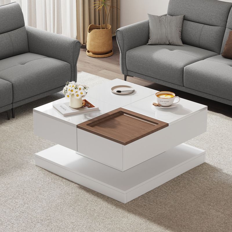 75.5*75.5*38 cm Couchtisch Anhebbarer Multifunktionstisch, Sofatisch Mit 4 Fächern, Beistelltisch, Geometrischer Tisch, Weiß + Holzfarbe_voghion.com
