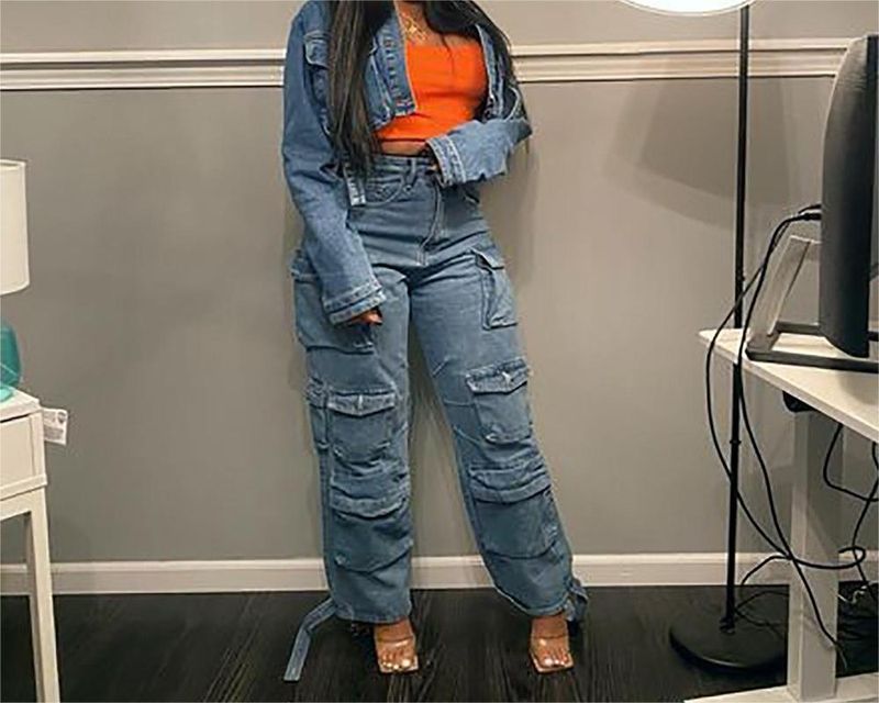 Dameklær Trendy Jeans med flere lommer Vaskede kjeledresser_voghion.com