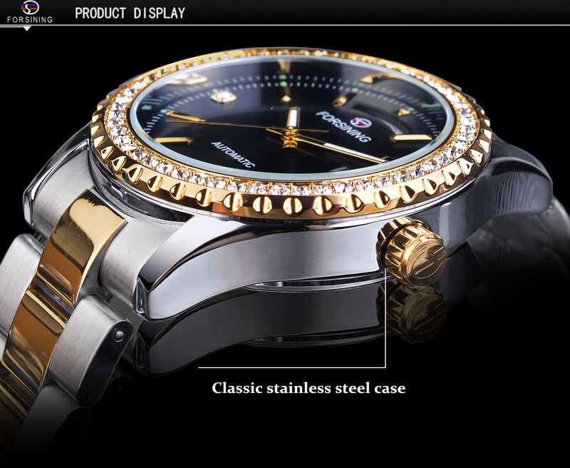 Forsining Diamond Luxury Men Automatic Mechanical Gold Watches Stainless Steel Hidden Clasp Multifunctional Auto Date Week Dial_voghion.com