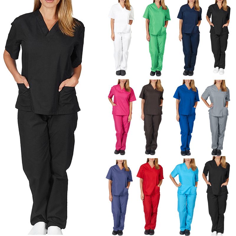 Vêtements pour femmes nouvelle couleur unie poche col en V uniforme de travail infirmier uniforme d'infirmière uniforme d'infirmière costume deux pièces femme_voghion.com