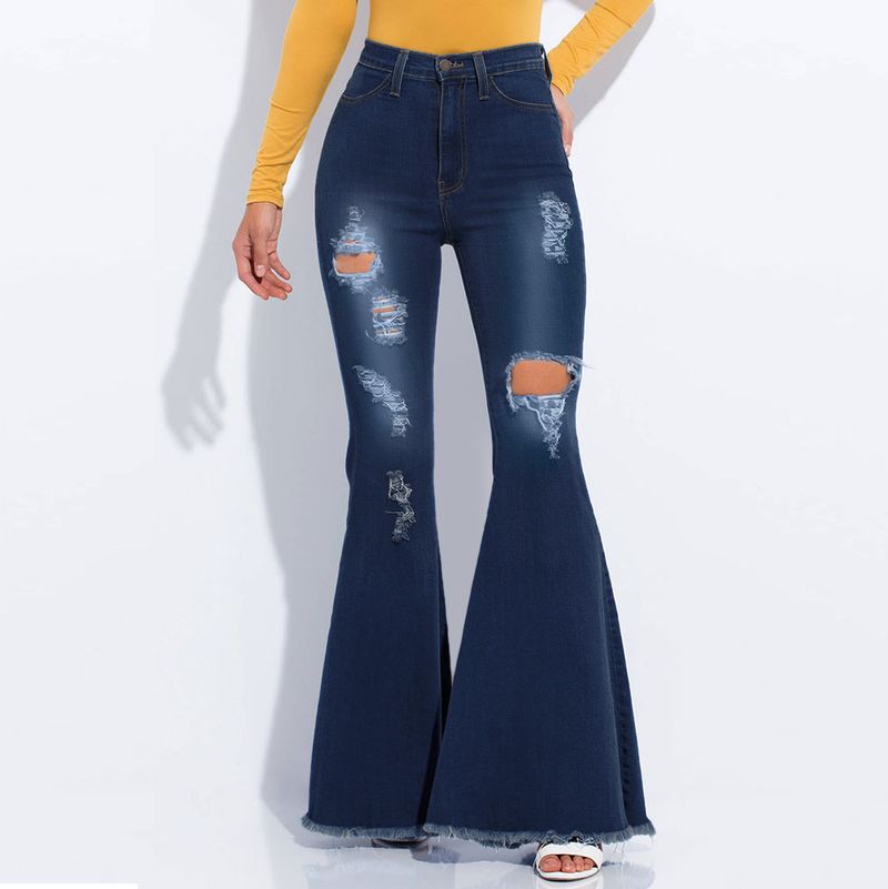 Modische Damenbekleidung mit weitem Bein, ausgewaschener, zerrissener Denim-Stretch-Schlaghose_voghion.com