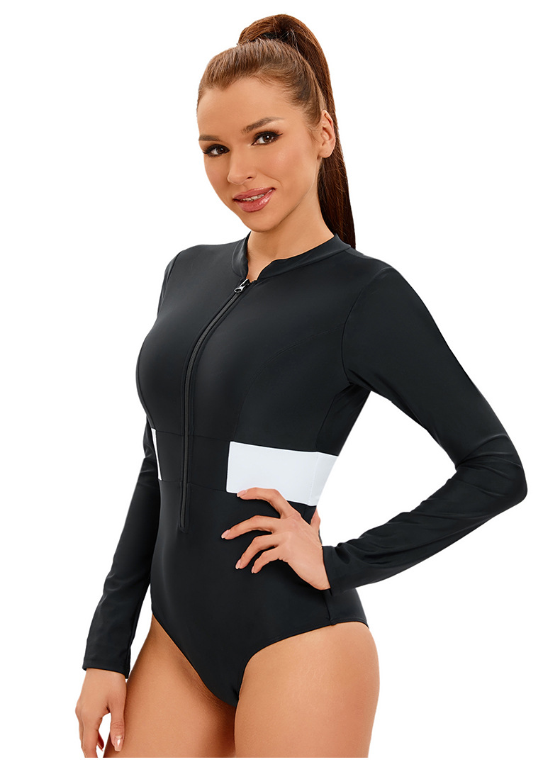 surf wear printed conservative one-piece swimsuit women's long-sleeved sun protection stitching sports swimsuit_voghion.com