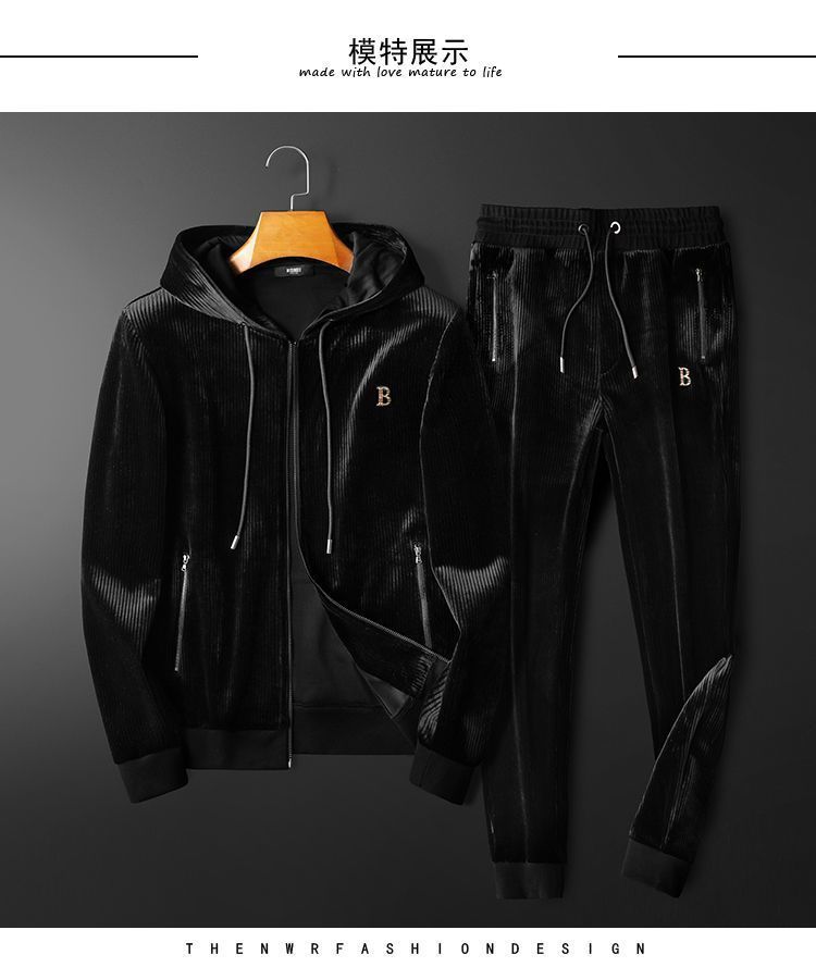 Herren Trainingsanzug-Set aus goldenem Samt, 2-teilig, mit Kapuze, Lounge-Anzug | Locker sitzendes, lässiges Jogger-Outfit für Herbst und Winter | Weiche Veloursjacke und -hose_voghion.com