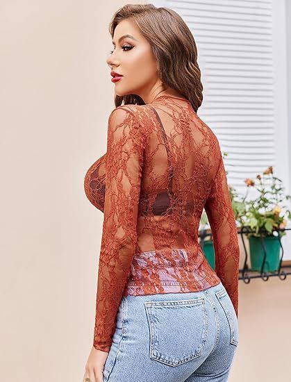 Top da donna, maniche lunghe, collo alto, camicia trasparente, top in pizzo floreale trasparente, hanno un vero colpo_voghion.com