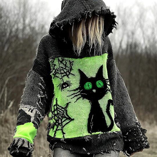 Gemütlicher Oversize-Kapuzenpullover für Damen – 3D-bedruckter Streetwear-Pullover, Langarm-Oberteil mit überschnittenen Schultern im Gothic-Stil_voghion.com