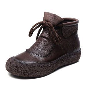 2024 Handmade Soft Leather Stitched Autumn Winter Low Heel Round Toe Rubber Women's Short Boots_voghion.com