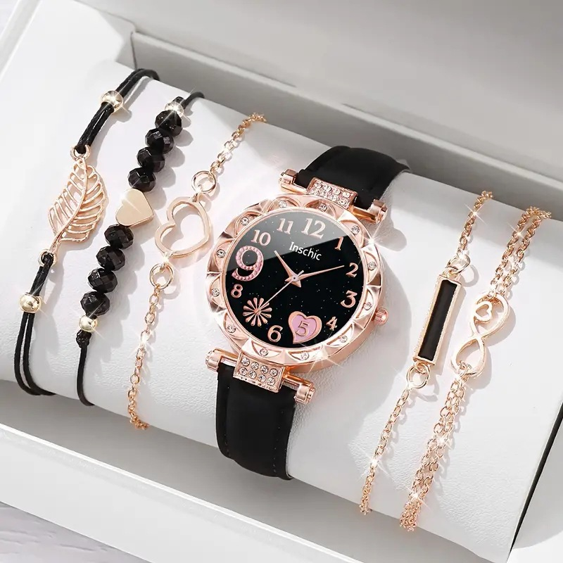 Neuer Stil Damen-Diamant-Zifferblatt Ledergürtel Quarzuhr Perlenarmband-Set 6 Stück/Set_voghion.com