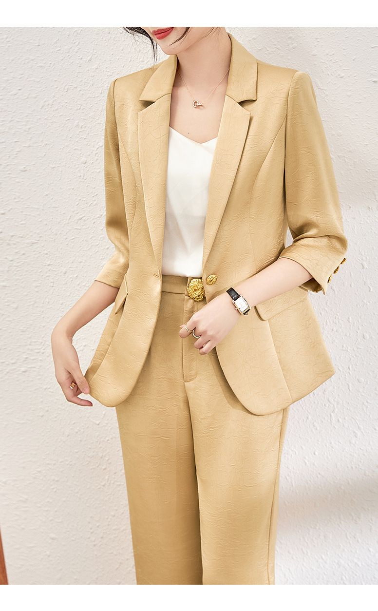 GraceChic 2401114-Spring Main Promotion Satin Wrinkled Quality Blazer + Straight-Leg Pants Two-Piece Set Elegant Commuting_voghion.com