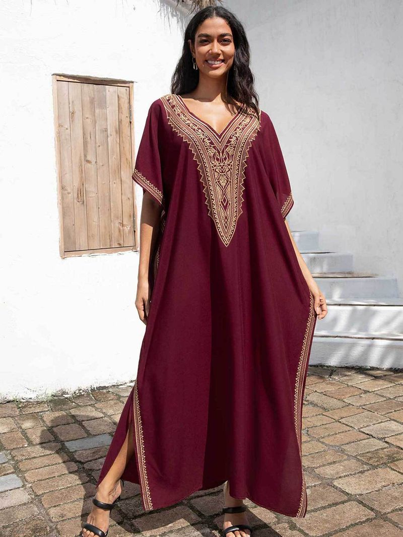 Copricostume da spiaggia da donna, in cotone, con ricami dorati, per le feste_voghion.com