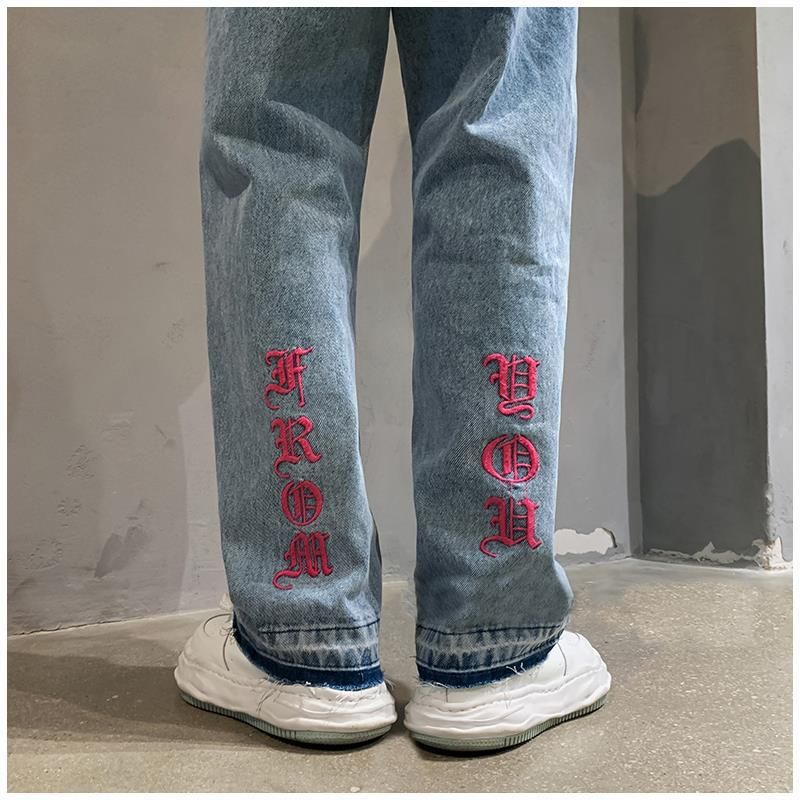 Jeans im amerikanischen Stil für Herren, Herbst-Design, High Street-Modemarke, bestickt, vielseitig, locker, gerades Bein_voghion.com