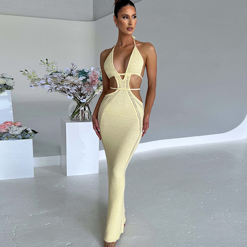 Women's street wind pure desire halter top hanging neck wrapped chest hollow splicing lace-up dress woman_voghion.com