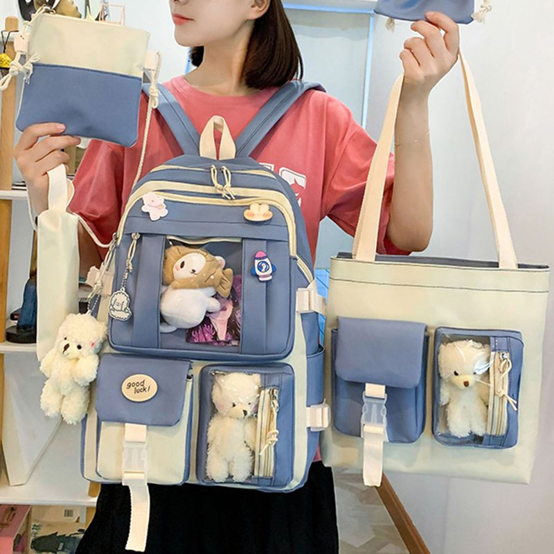 Lihao 5Pcs/Set Student Backpack Adjustable Straps Korean Style Canvas Bookbag Messenger Bag Pencil Case for School-Green_voghion.com