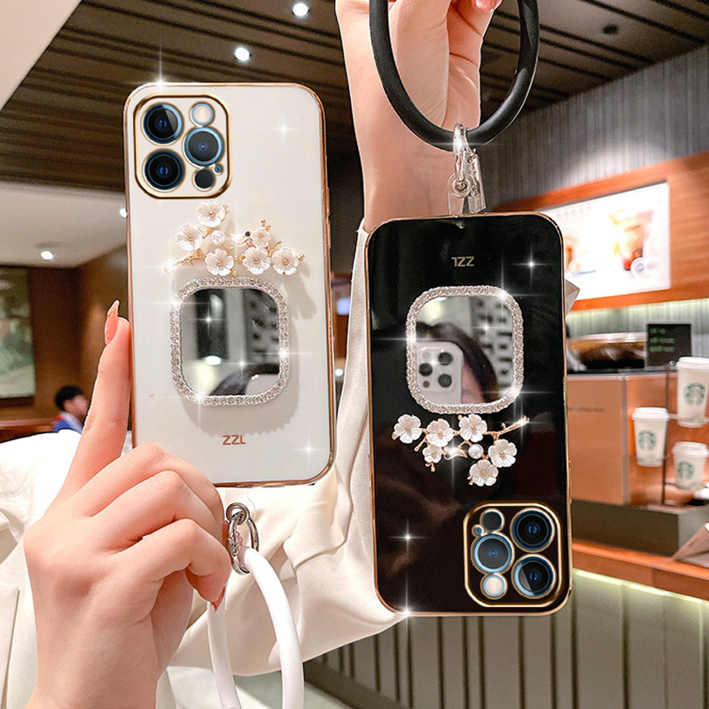 Plating Bracelet Case For Samsung A34 A54 A53 A32 A33 A22 A13 4G 5G A12 A73 A25 A31 A21S A14 Plum Flower Square Mirror_voghion.com