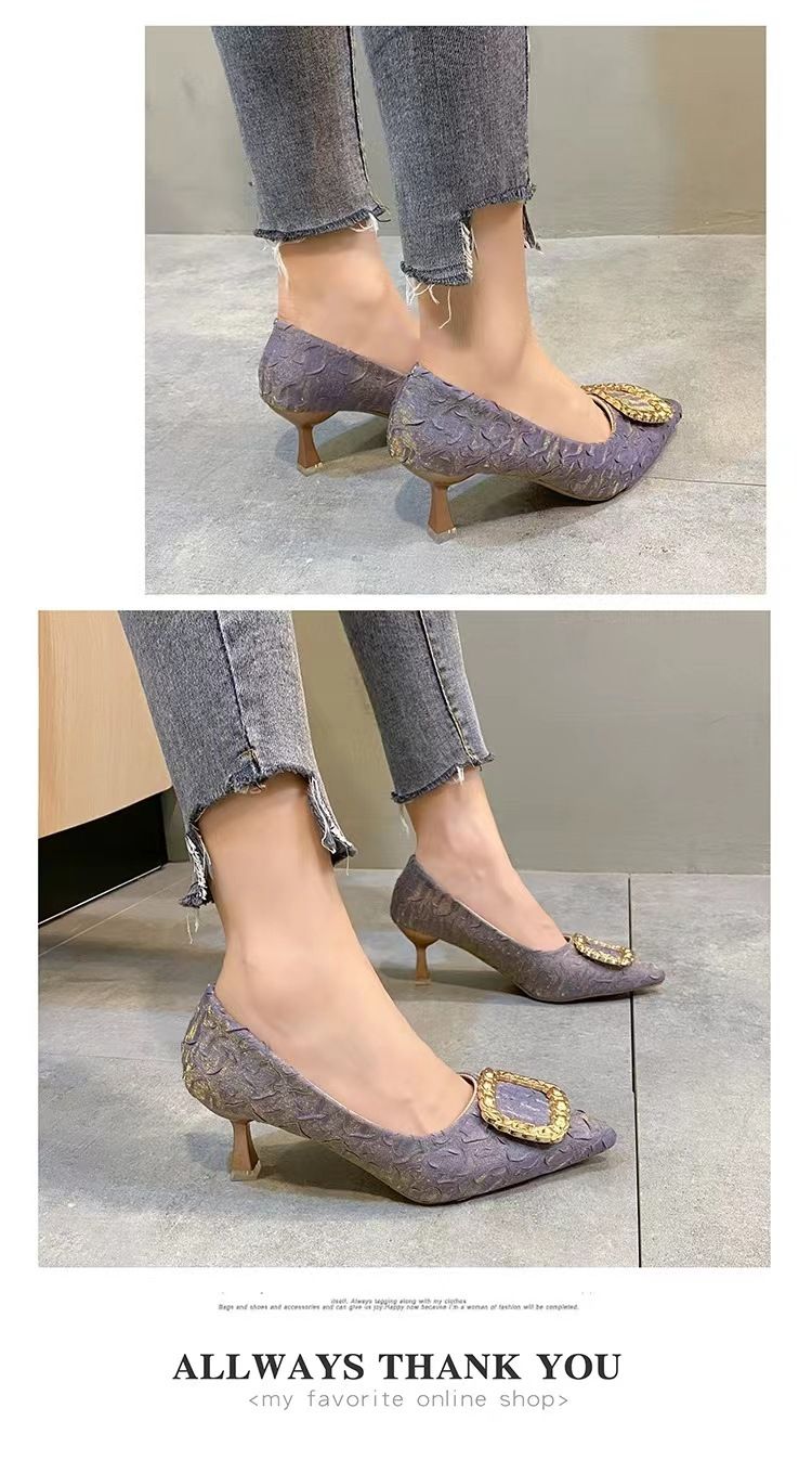 Zapatos de trabajo de tacón alto con hebilla cuadrada y punta cuadrada ligeros para mujer, zapatos de mujer de color negro con punta puntiaguda, zapatos sencillos de otoño nuevos_voghion.com