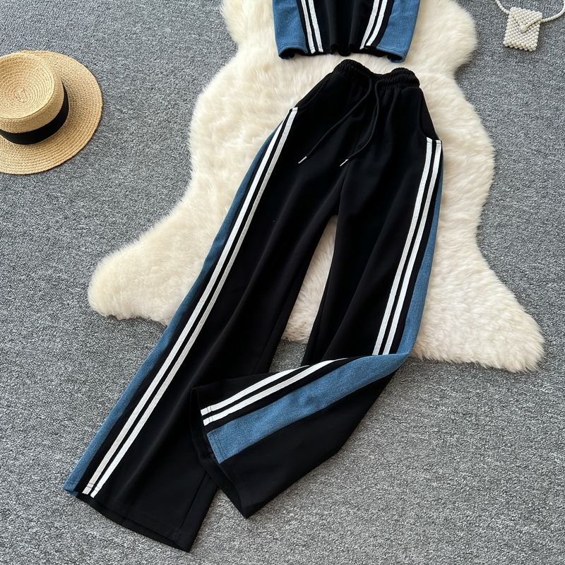 Hauts décontractés à manches courtes et rayures contrastées pour femme, mode été, taille haute, coutures en denim, jambes larges et longues_voghion.com