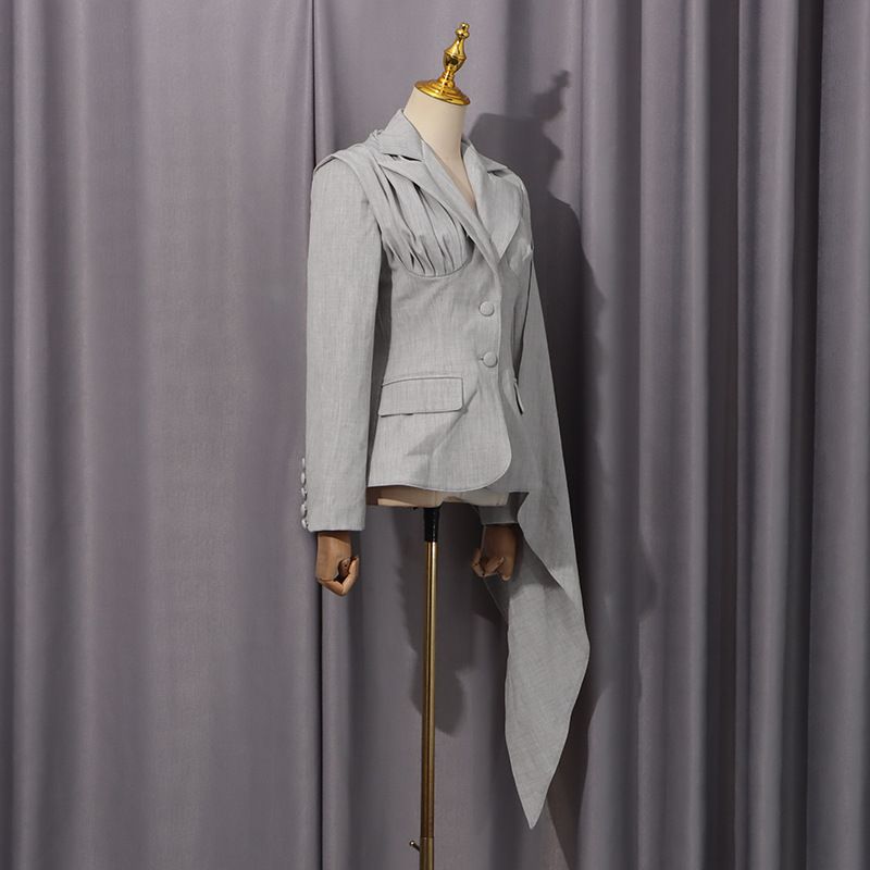 Tailored Asymmetrical Blazer With Detachable Sash – Structured Office-to-Evening Jacket In Grey (Slim Fit, S/M/L)_voghion.com