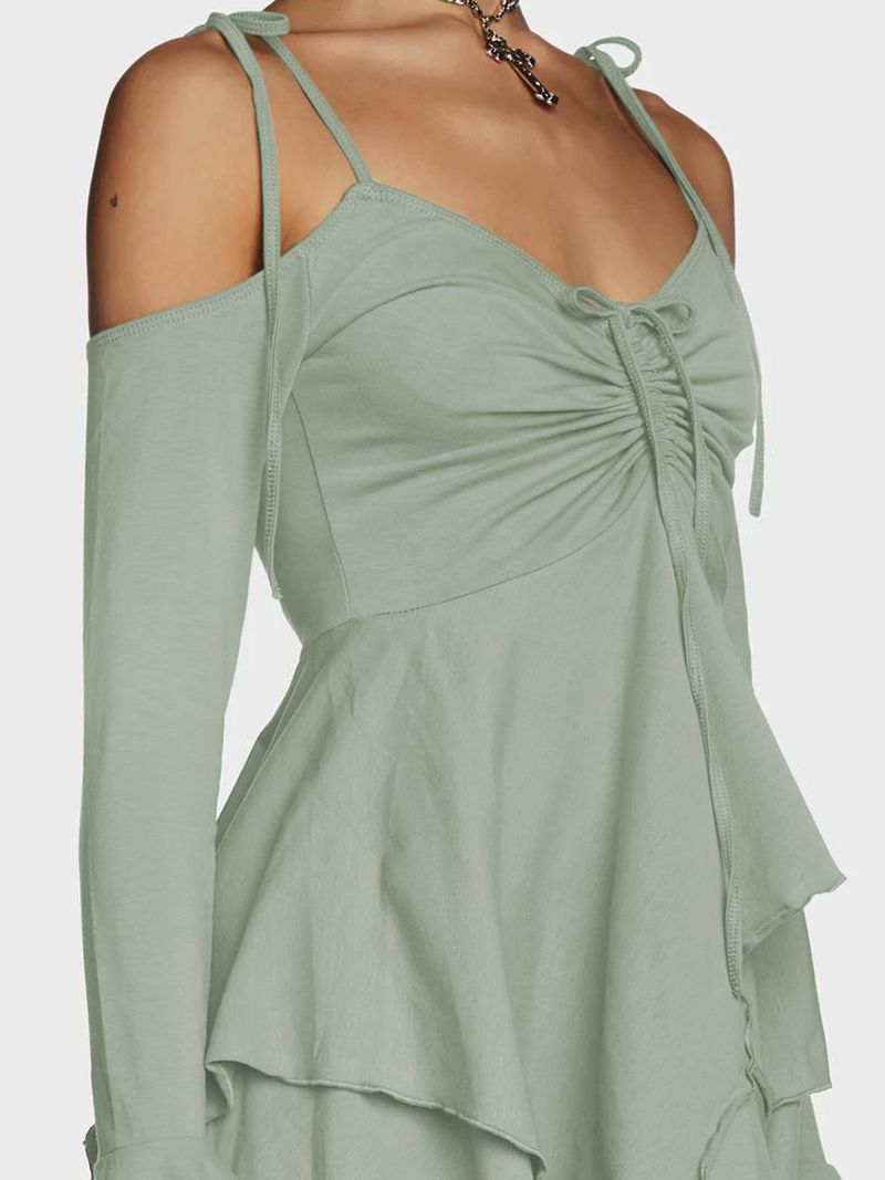 Ropa de mujer estilo gótico sexy de seda color leche, ropa de mujer con hombros descubiertos, manga larga, cintura alta, falda con tirantes y vestido con volantes._voghion.com