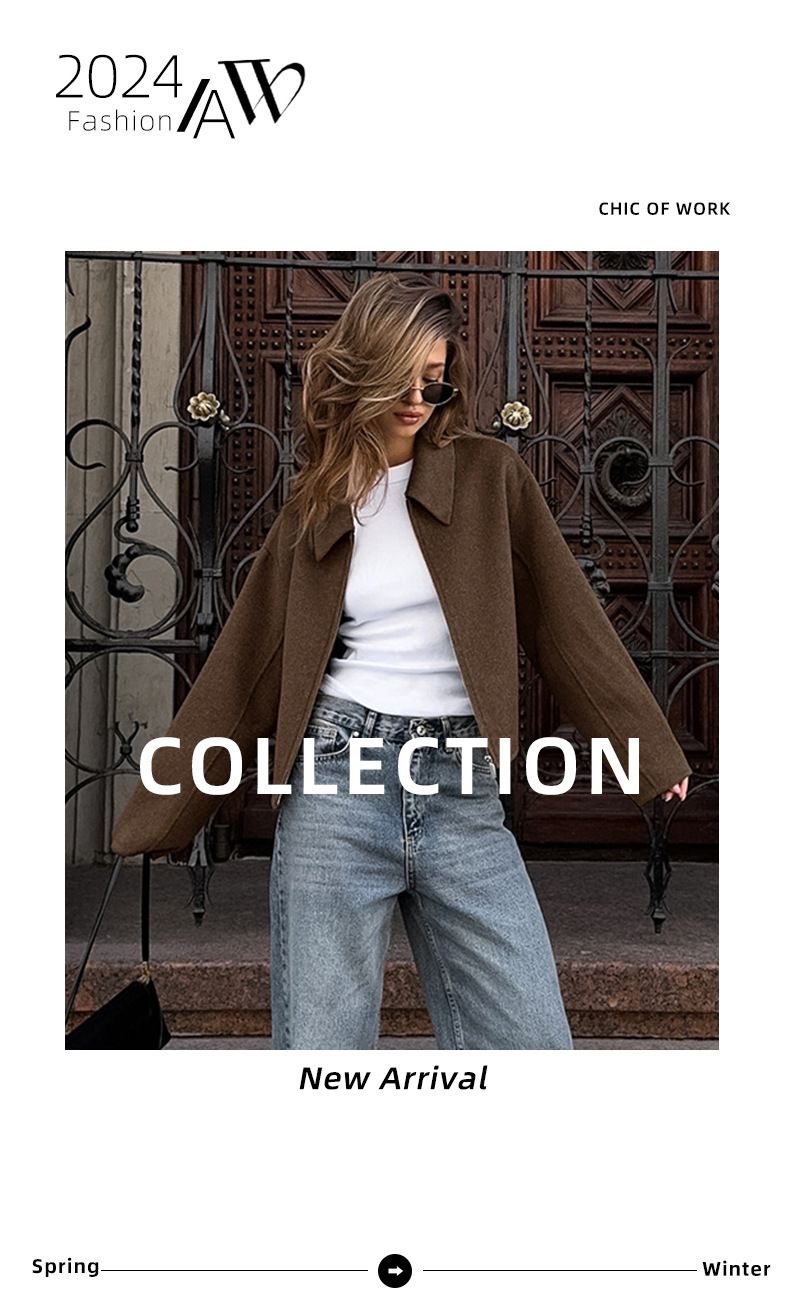 Damenbekleidung Langärmlige Tweedjacke mit Reißverschluss - Reversmantel mit entspannter Passform für Herbst und Winter, lässige, elegante Oberbekleidung_voghion.com