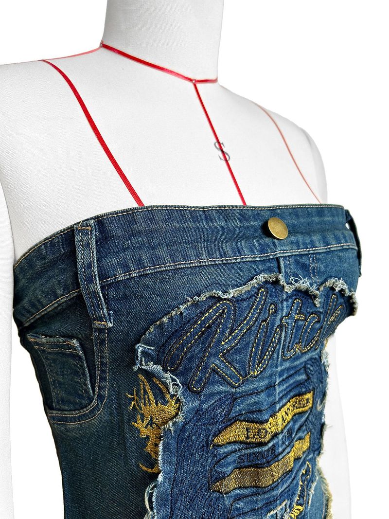 Women's Clothing Stretch Denim Fabric Patch Embroidery Denim Top_voghion.com